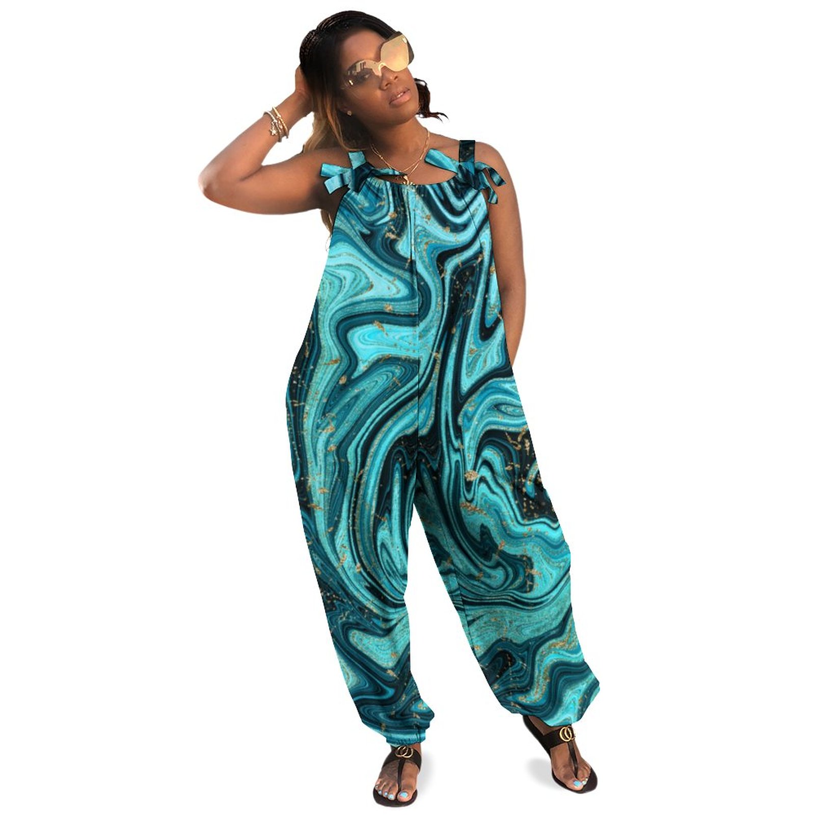 Teal Blue Gold Chic Swirl Modern Abstract Boho Vintage Loose Overall Corset Jumpsuit Without Top