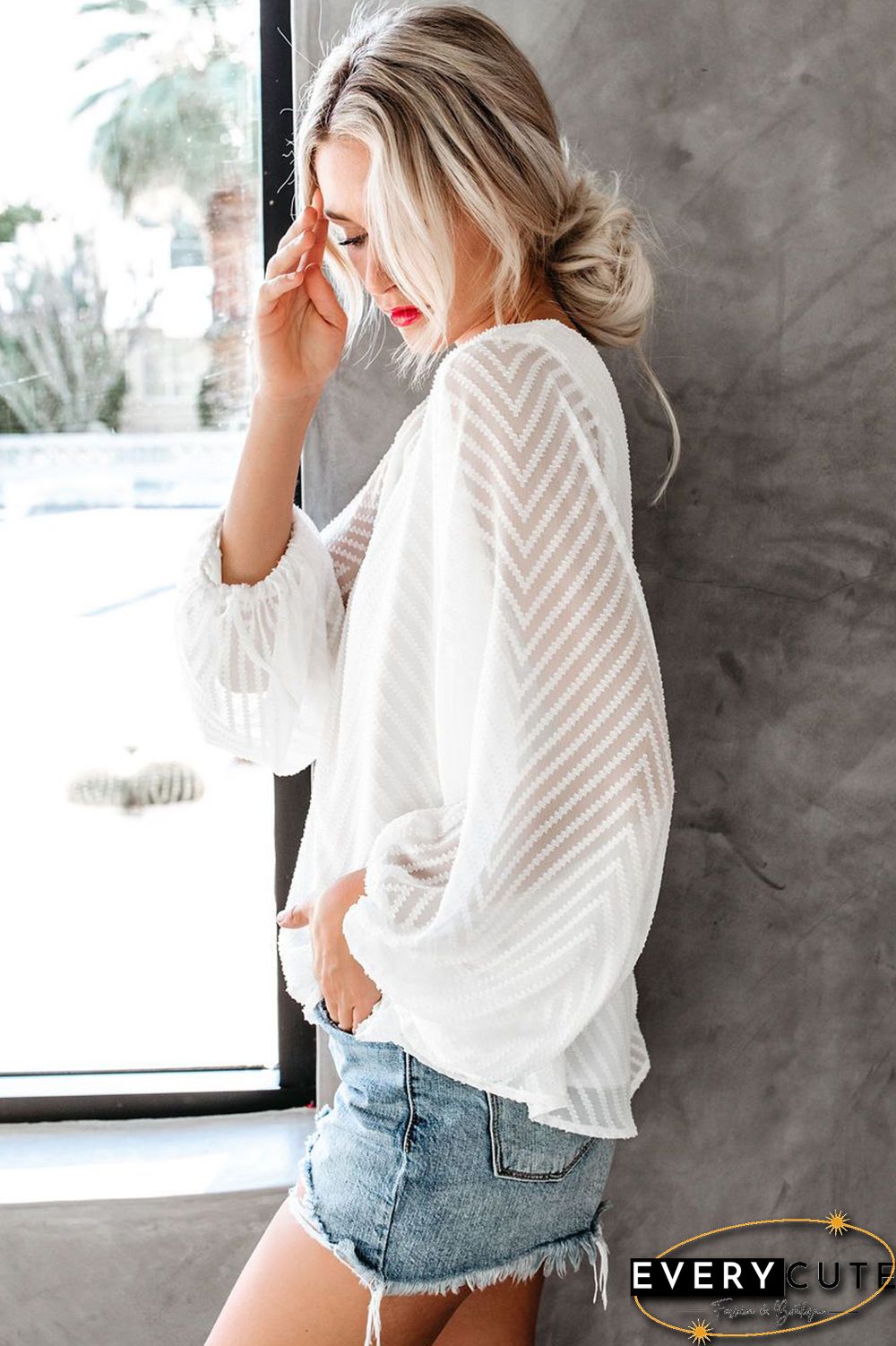 White Balloon Sleeve Textured Blouse