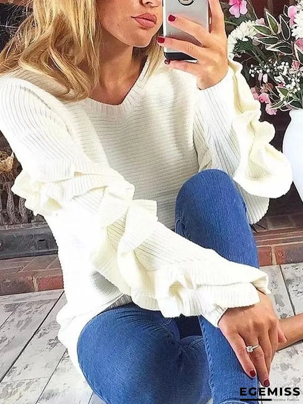 Loose Solid Falbala Knitting Sweater | EGEMISS