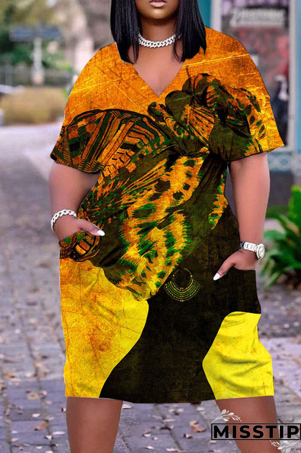 Olive Green Casual Print Patchwork V Neck Straight Dresses