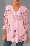 Plus Size Lace Patchwork V Neck Floral Print Blouse