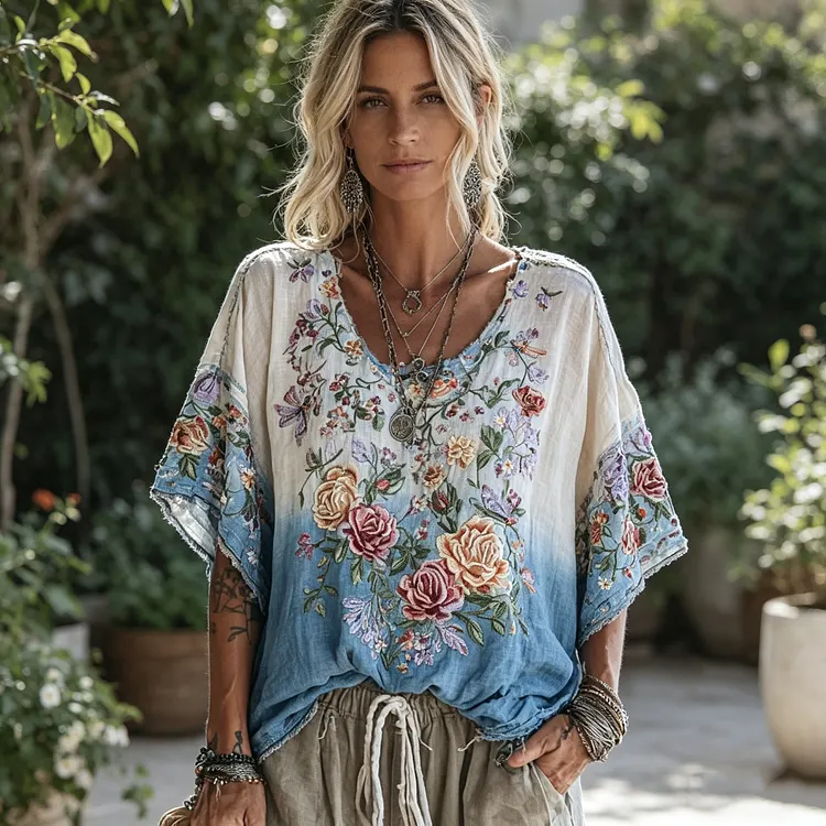 🌸 Women's Floral Embroidered Ombre Boho Blouse