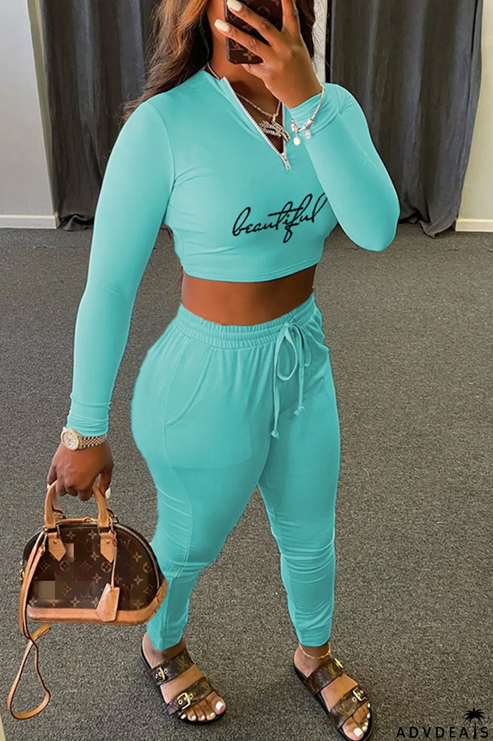 Orange Fashion Casual Print Basic Zipper Collar Long Sleeve Two Pieces