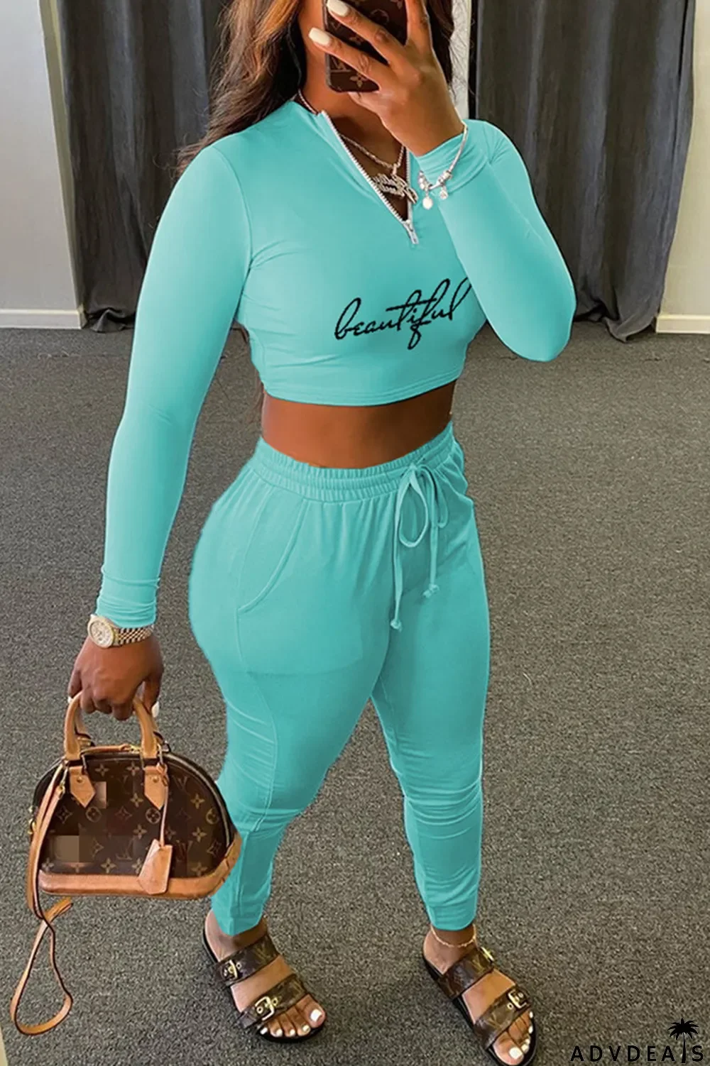 Orange Fashion Casual Print Basic Zipper Collar Long Sleeve Two Pieces