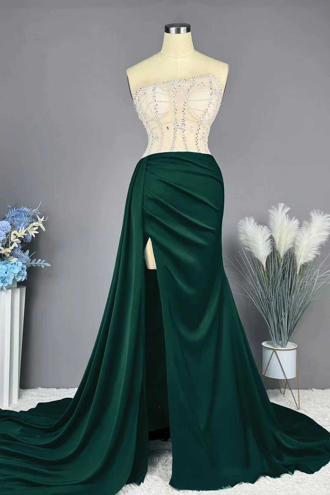 Dark Green and Gold Prom Dress