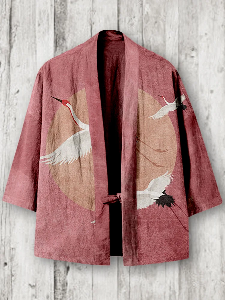 Flying Cranes Japanese Art Linen Blend Kimono Cardigan