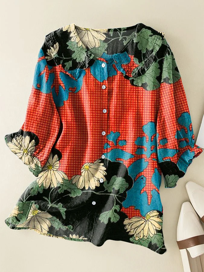 Japanese Retro Chrysanthemum Cotton and Linen Peter Pan Ruffle Collar Shirt