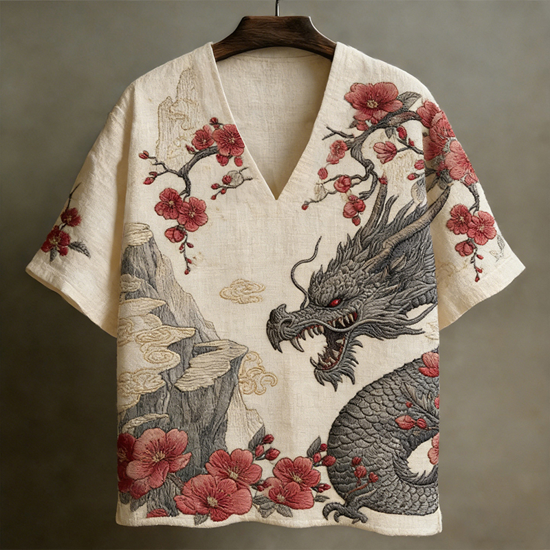 Men's Japanese-style Linen Short-sleeved V-neck Shirt With Dragon And Floral Pattern  artssus