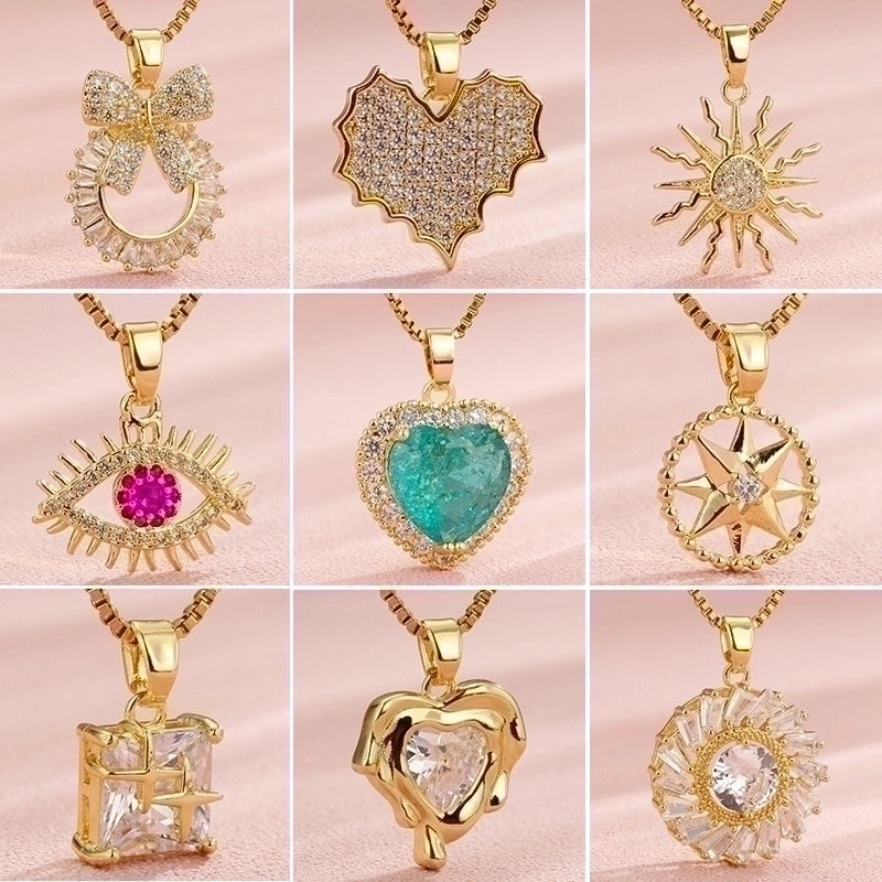 Vintage Style Heart Shape Flower Bow Knot Stainless Steel Copper Plating Inlay 18K Gold Plated Zircon Pendant Necklace