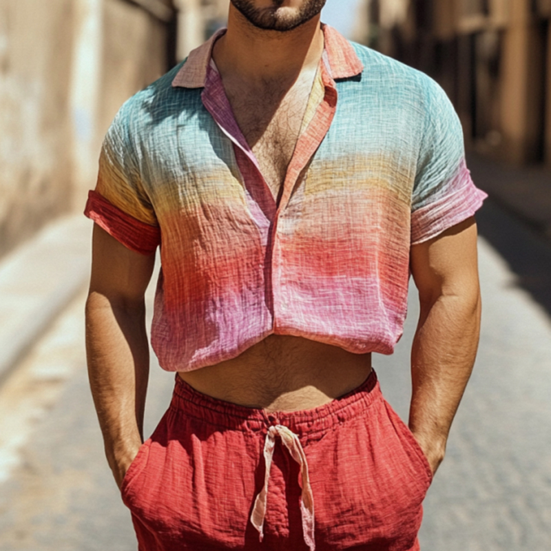 Comstylish Vintage Rainbow Art Casual Short Sleeve Shirts