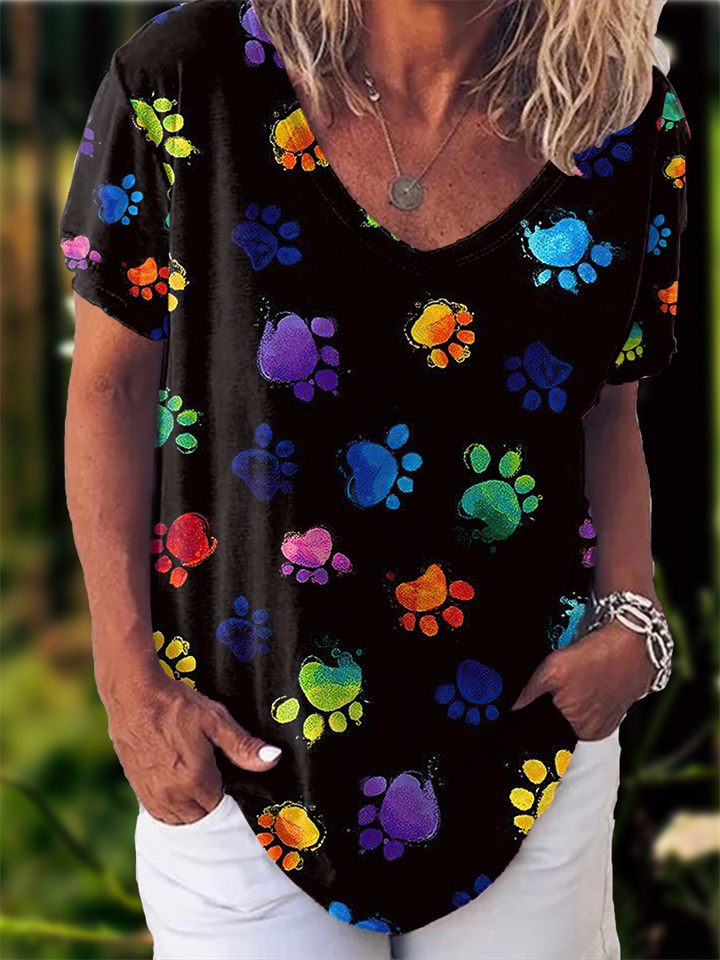 3D Printed Short-sleeved T-shirt Women's Summer New Casual Half-sleeved Dog Paw Print V-neck T-shirt S M L XL 2XL 3XL 4XL 5XL