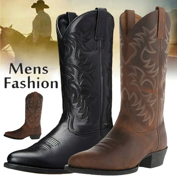 Mens Vintage Leather Mid Calf Boots Pointed Toe Western Cowboy Boots Man Retro Knee High Talll Boots Riding Boots Big Size 38-48 Botas