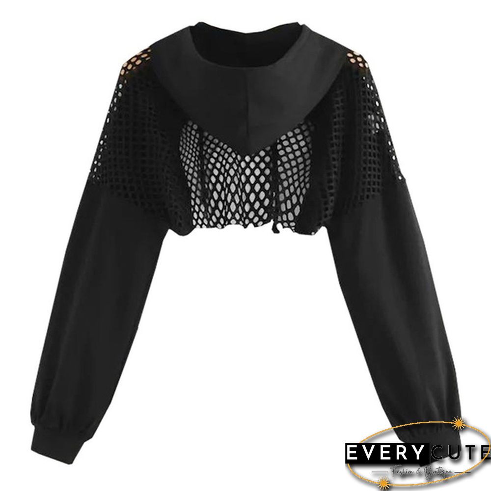 Women Long Sleeve Black Bustier Crop Top Mesh Harajuku Hiphop Loose Leopard Hoodie Sweatshirt Clubwear Tie Dye Top