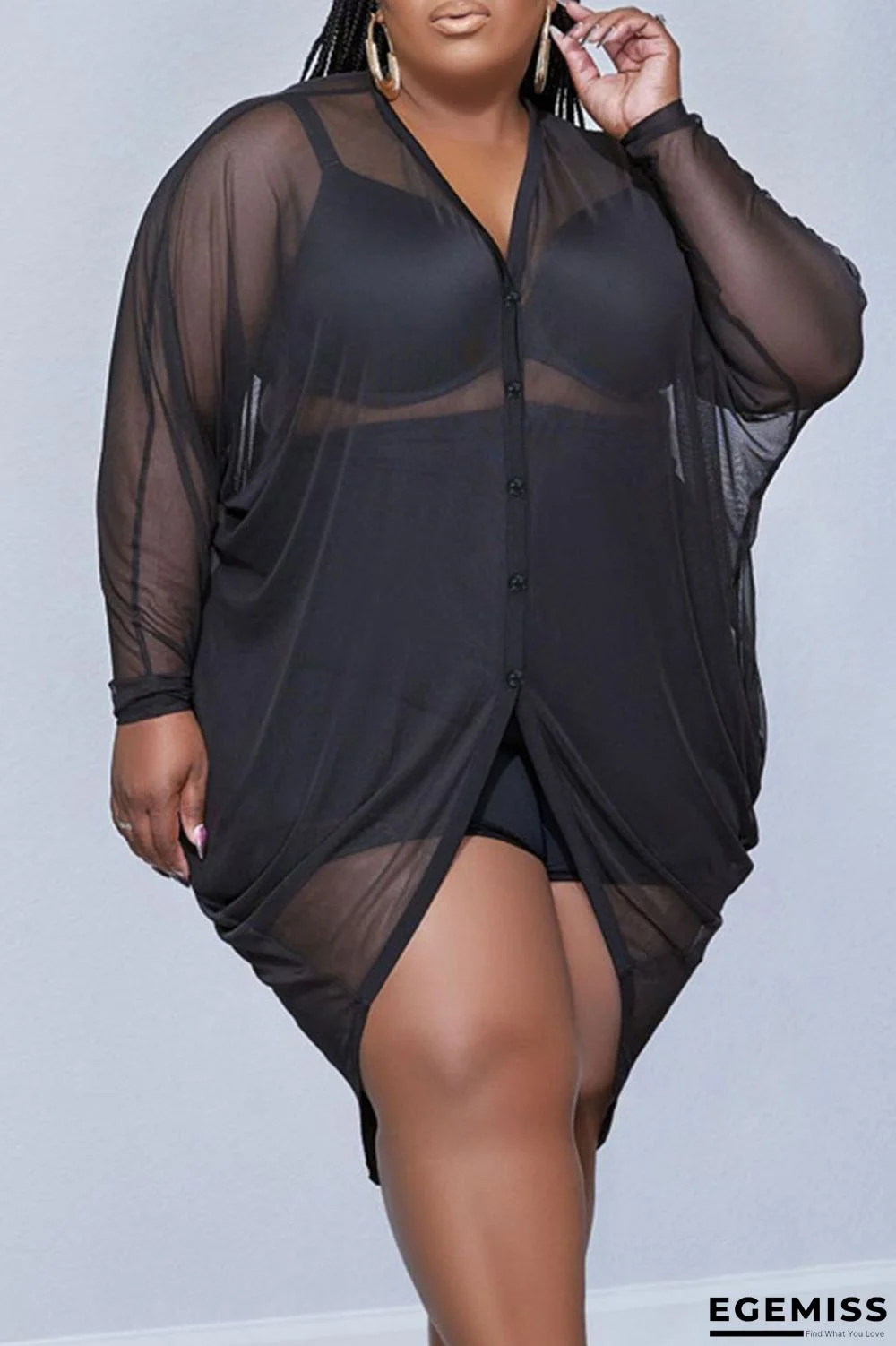 Black Sexy Solid Patchwork Buckle V Neck Plus Size Dresses | EGEMISS