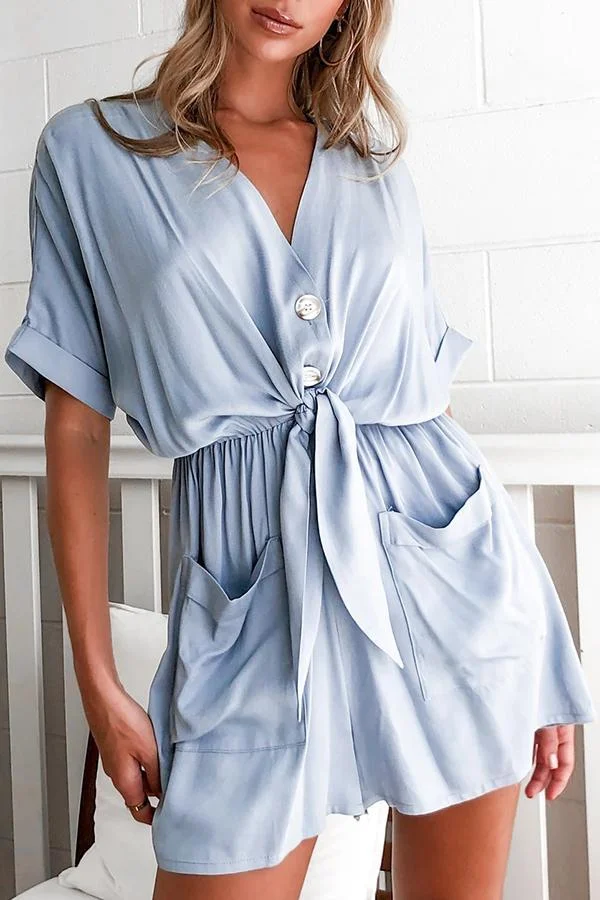Womens V-neck Loose Single-breasted Jumpsuit-Allyzone-Allyzone