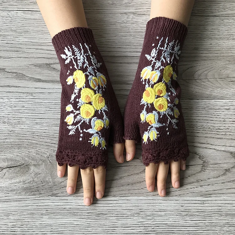 Embroidered Extended Warm Adult Wool Gloves
