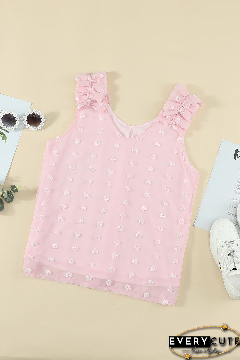 Pink Swiss Dot Woven Sleeveless Top With Ruffled Straps