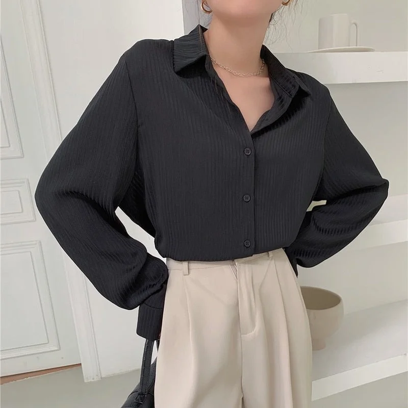 2021 Spring New Korean Loose Vintage Long Sleeve White Shirt Fashion Female Striped Shirt Plus Size Womens Blouse and Tops 13163