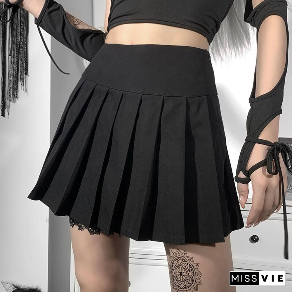Black Mall Goth Skirt Women Harajuku Y2k E-girl High Waist Pleated Mini Skirt Dark Gothic Punk Emo Alt Club Streetwear