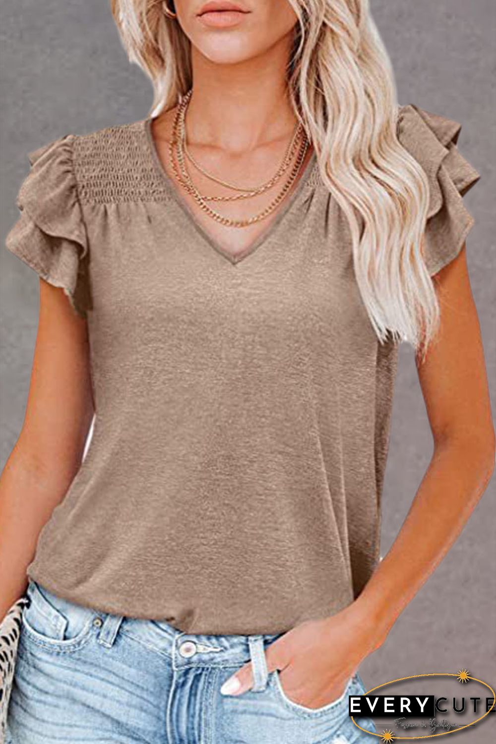 Khaki Solid Color V Neck Flutter Sleeve T-Shirt