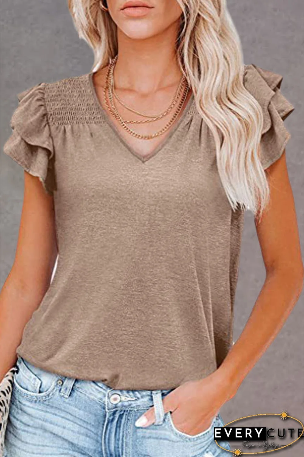 Khaki Solid Color V Neck Flutter Sleeve T-Shirt