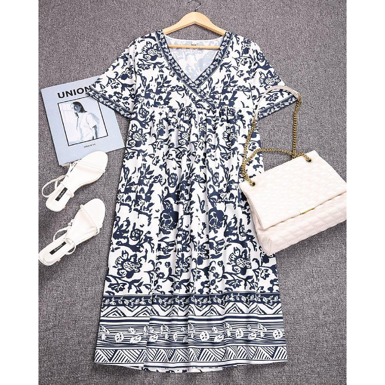 Printed retro V-neck stitching pleated long skirt