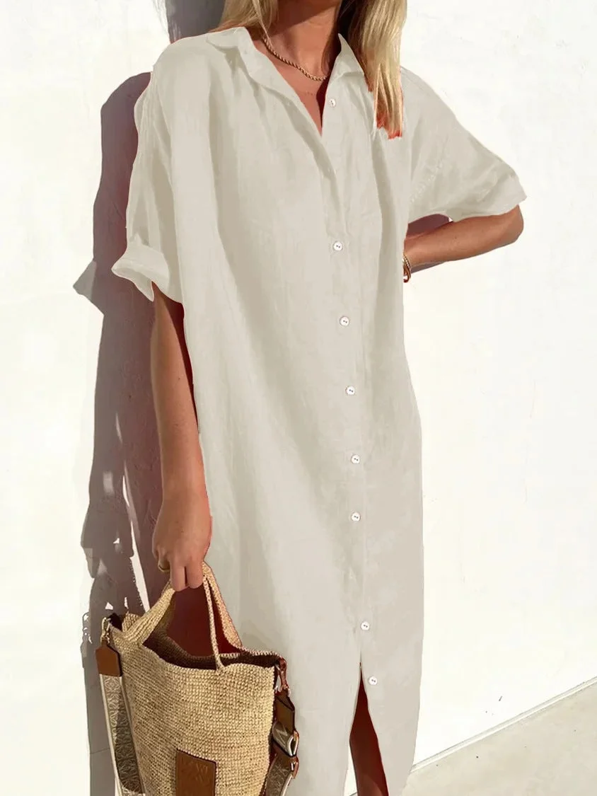 Uveng Casual Loose Sleeves Button Dress Cotton And Dresses