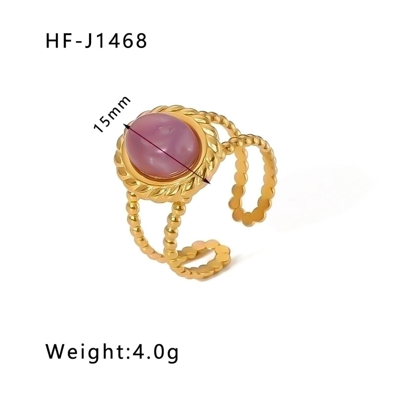 Stainless Steel 18K Gold Plated Basic Vintage Style Plating Inlay Round Natural Stone Open Rings