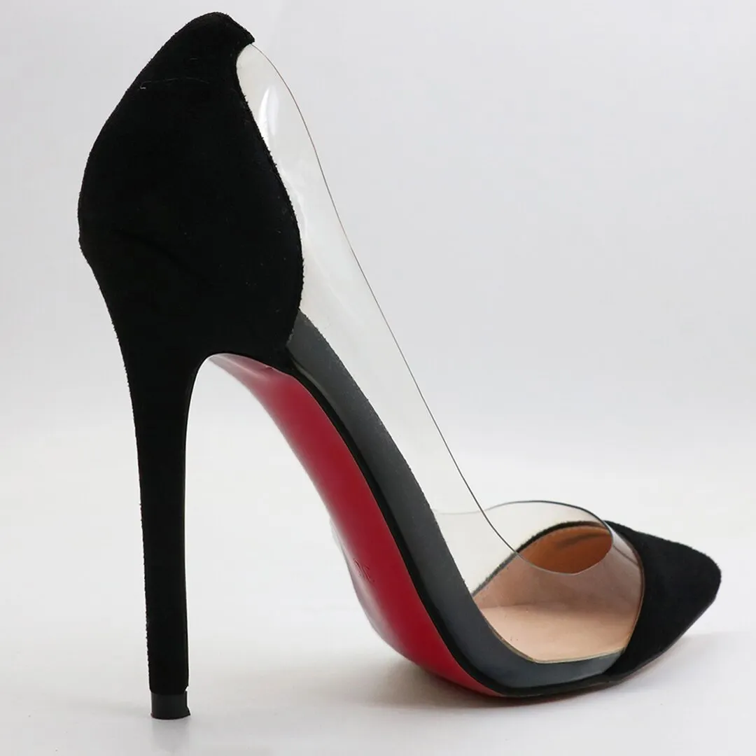 4.72" Transparent Splice Pumps Wedding Dating High Heels Black Suede-vocosishoes