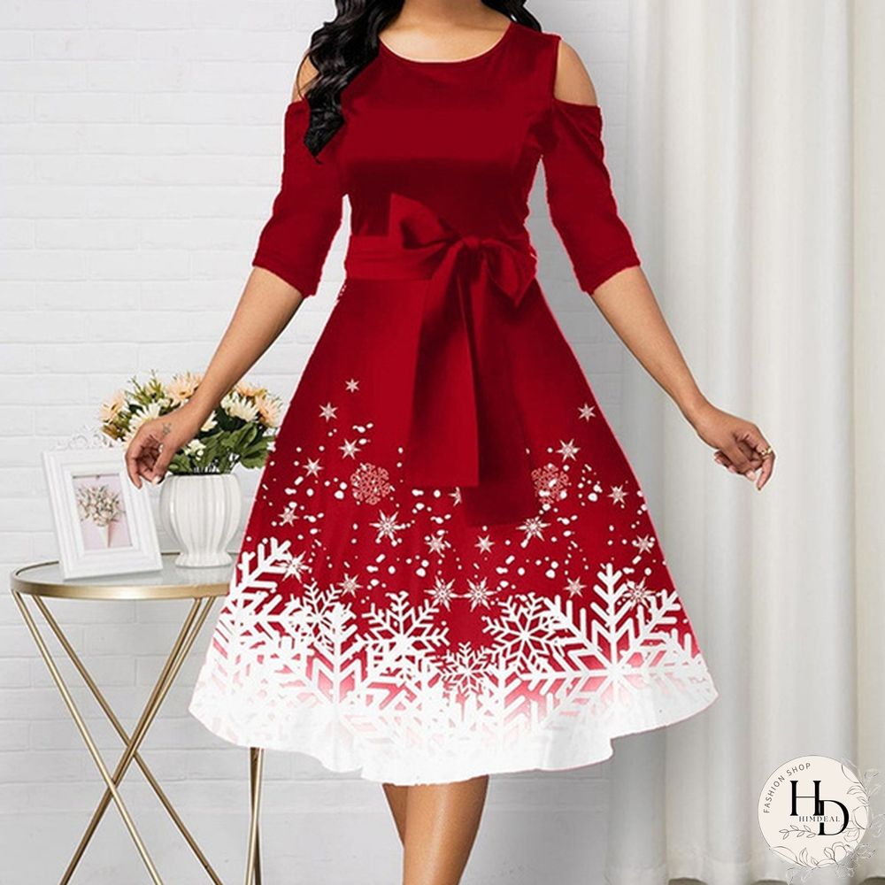 Womens Belted Snowflake Print Cold Shoulder Round-neck Elegant Dress Plus Size Fashion