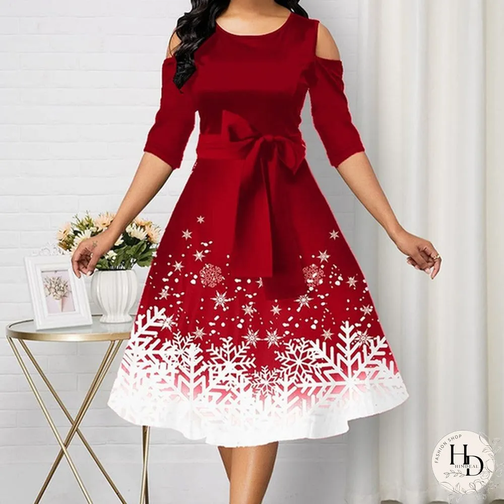 Womens Belted Snowflake Print Cold Shoulder Round-neck Elegant Dress Plus Size Fashion