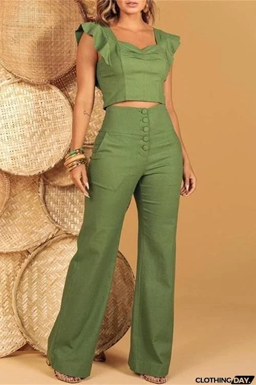 Ruffles Crop Top Straight Leg Pants Set