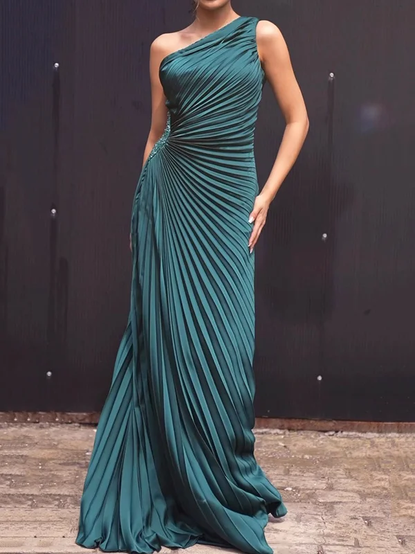 Asymmetric Pleated Solid Color Sleeveless Wrap One-Shoulder Maxi Dresses