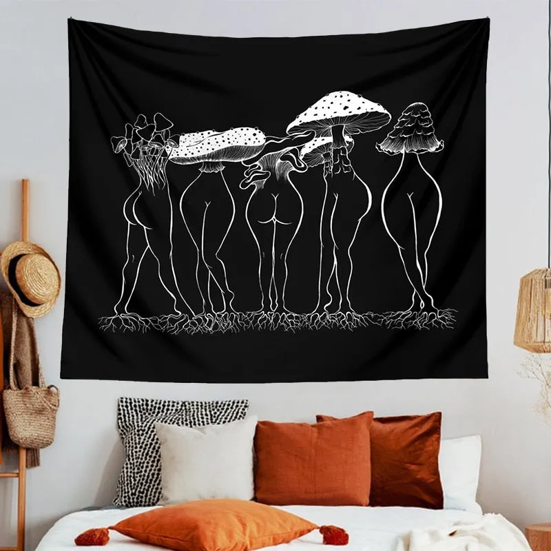 Mushroom woman Tapestry Black and White Wall Hanging Bedroom Aesthetic Dorm Wall Carpet Boho Decor Home Decoration Wall poster