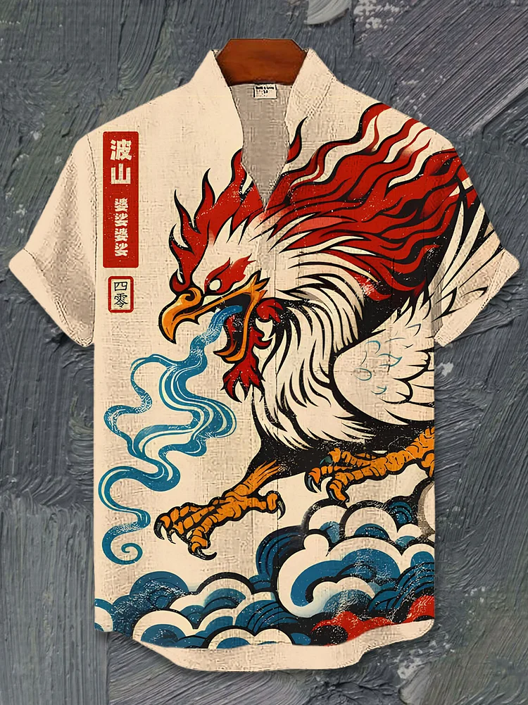 Men's Retro Japanese Art Chicken Print Short Sleeve Shirt