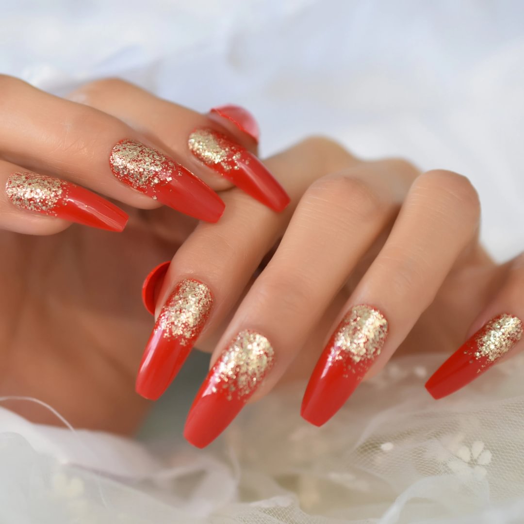 Agreedl Detachable Fake Nails China-red Extra Long Coffin Press On Nail Art Gold Glitter Decoration Noble Nail Artificial Tips