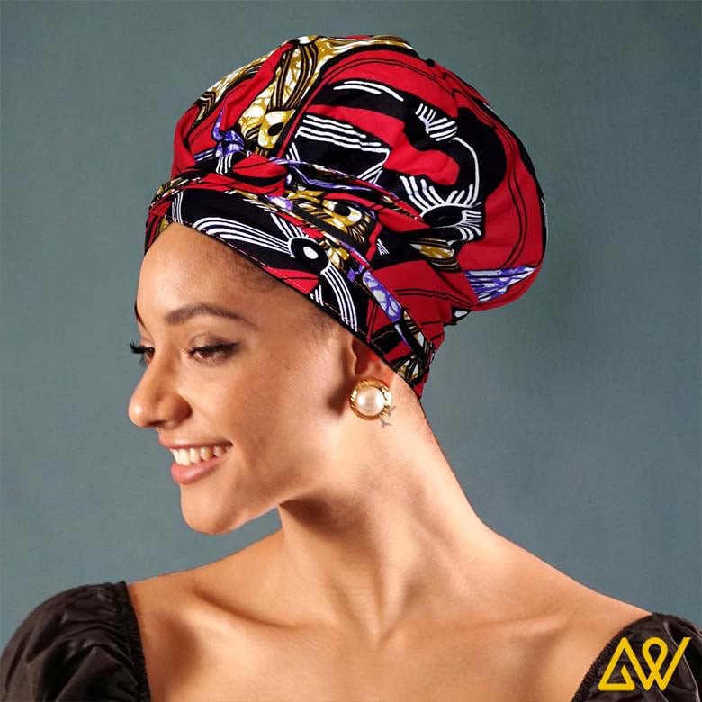 African Print Head Wrap With Satin-Lined(Opium Poppy) -AW1221