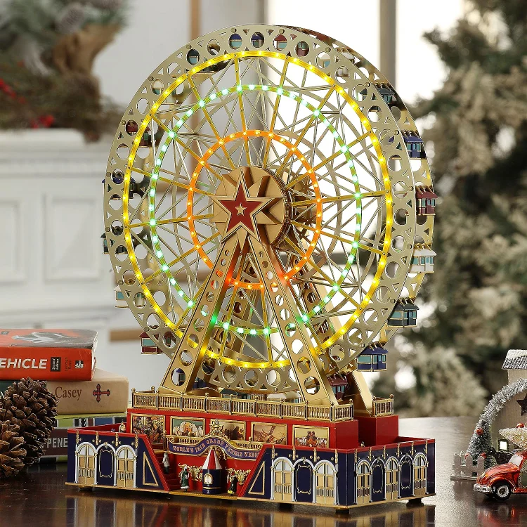 🔥kukelife🔥Mr. Christmas World's Fair Grand Ferris Wheel Musical Animated Indoor Christmas Decoration, 15 Inch, Gold