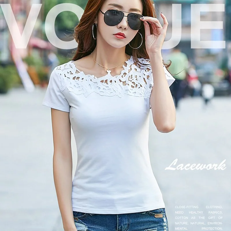 Pongl 1 Summer Women Hollow Out T Shirts Women Lace Patchwork Basic T-shirts  Office Lady Casual Tops Short Sleeve Tee Shirt Femme