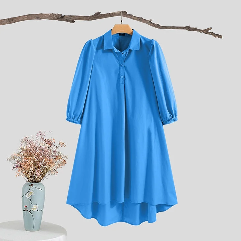 VONDA Women Knee-Length Dress 2022 Casual Button Down 3/4 Sleeve Lapel Collar Shirt Dresses Casual Irregular Hem Baggy Sundress