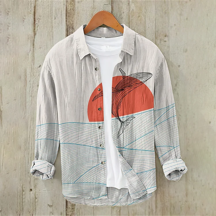 Ocean Whale Japanese Art Print Linen Blend Shirt