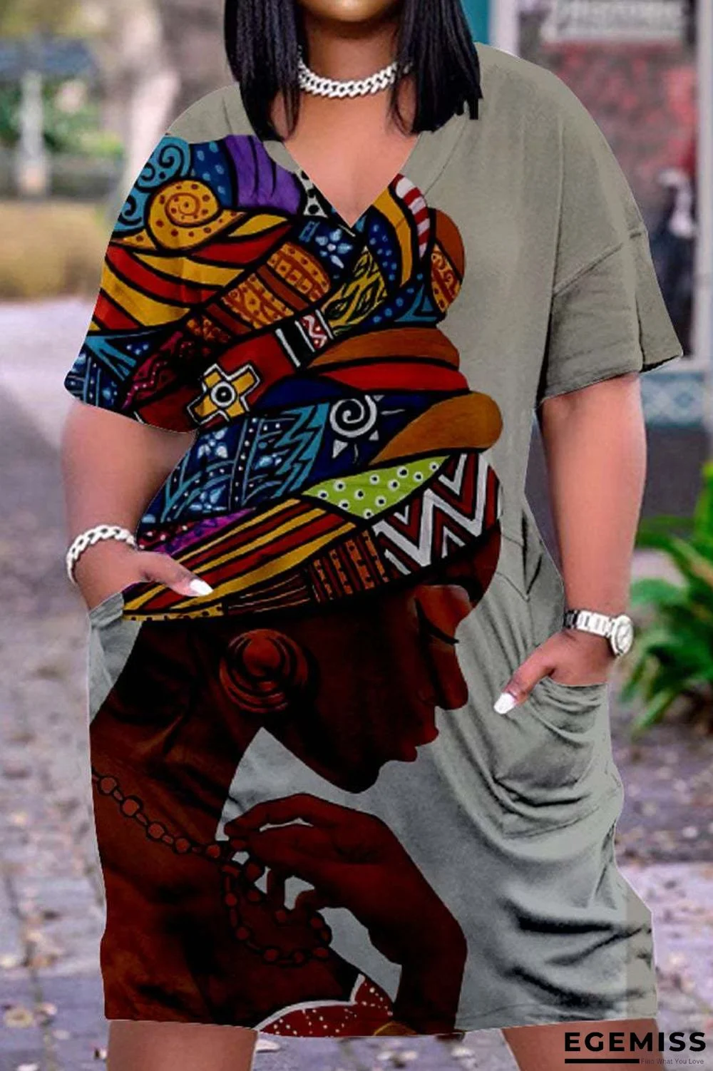 3D Printed Outdoor Fashion Casual Loose Plus Size Women's V-neck Sleeve Dress White Dresses | EGEMISS