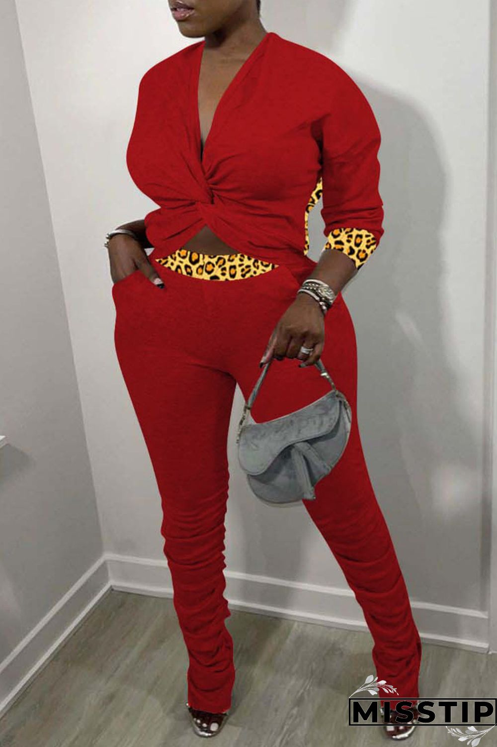 Black Fashion Casual Print Leopard Patchwork Fold V Neck Long Sleeve Two Pieces