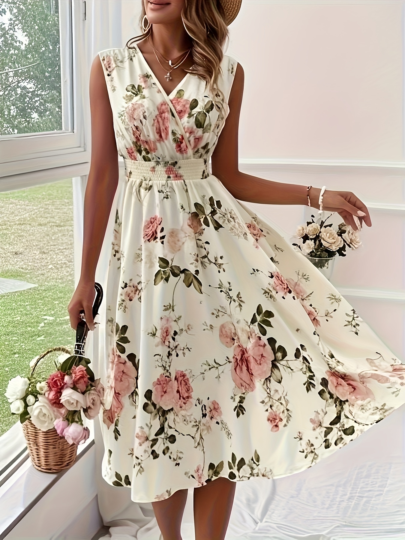 Women's Elegant Floral Print Midi Dress - V-Neck Sleeveless A-Line With Smocked Waist, Vibrant Red Flowers & Green Leaves, Machine Washable Spring Summer Casual & Semi-Formal Dress, Daytime Occasion Wear, Comfortable Fit, Feminine Style | IFYHOME