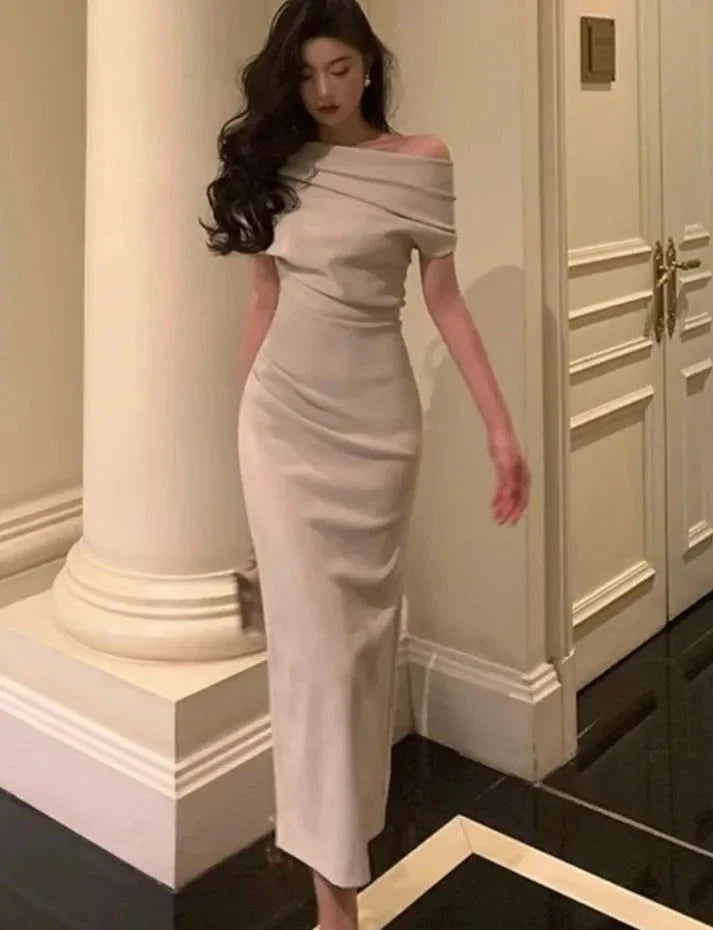 Aiertu DRESS TO IMPRESS Solid Bodycon Evening Party Dresses for Women Fashion Off Shoulder Prom Vestidos Summer Korean Robe Female Clothing aiertu