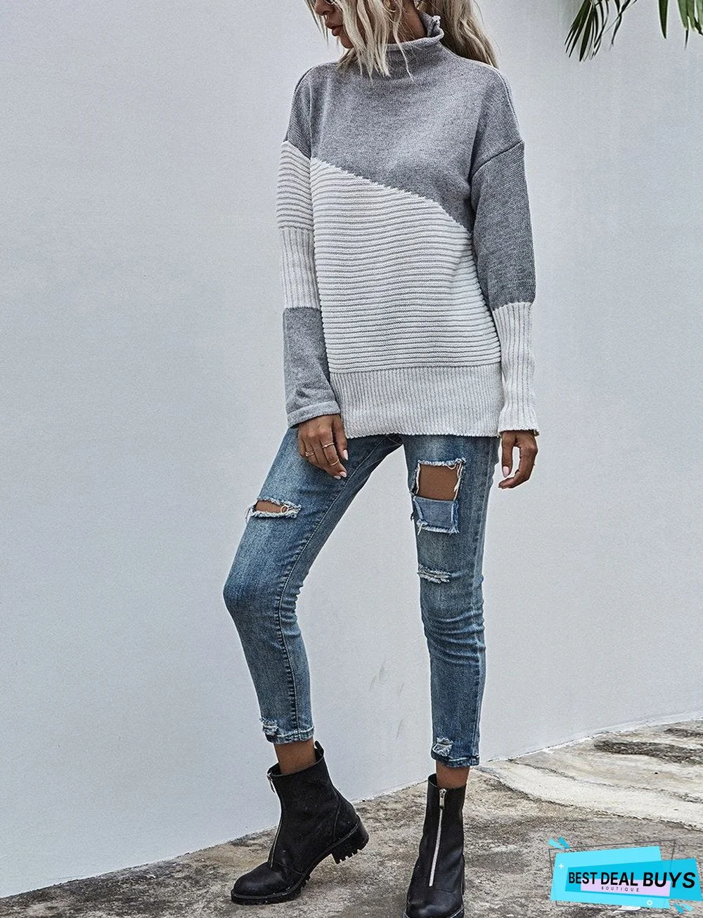 Color-Blocking Sweater Women's Autumn and Winter New Contrast Color Pullover Sweater