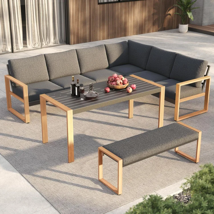 GRAND PATIO 8-Person Outdoor Furniture Set, Aluminum Sectional Sofa with Faux Wood Grain Finish, Modern Patio Conversation Corner Sofa