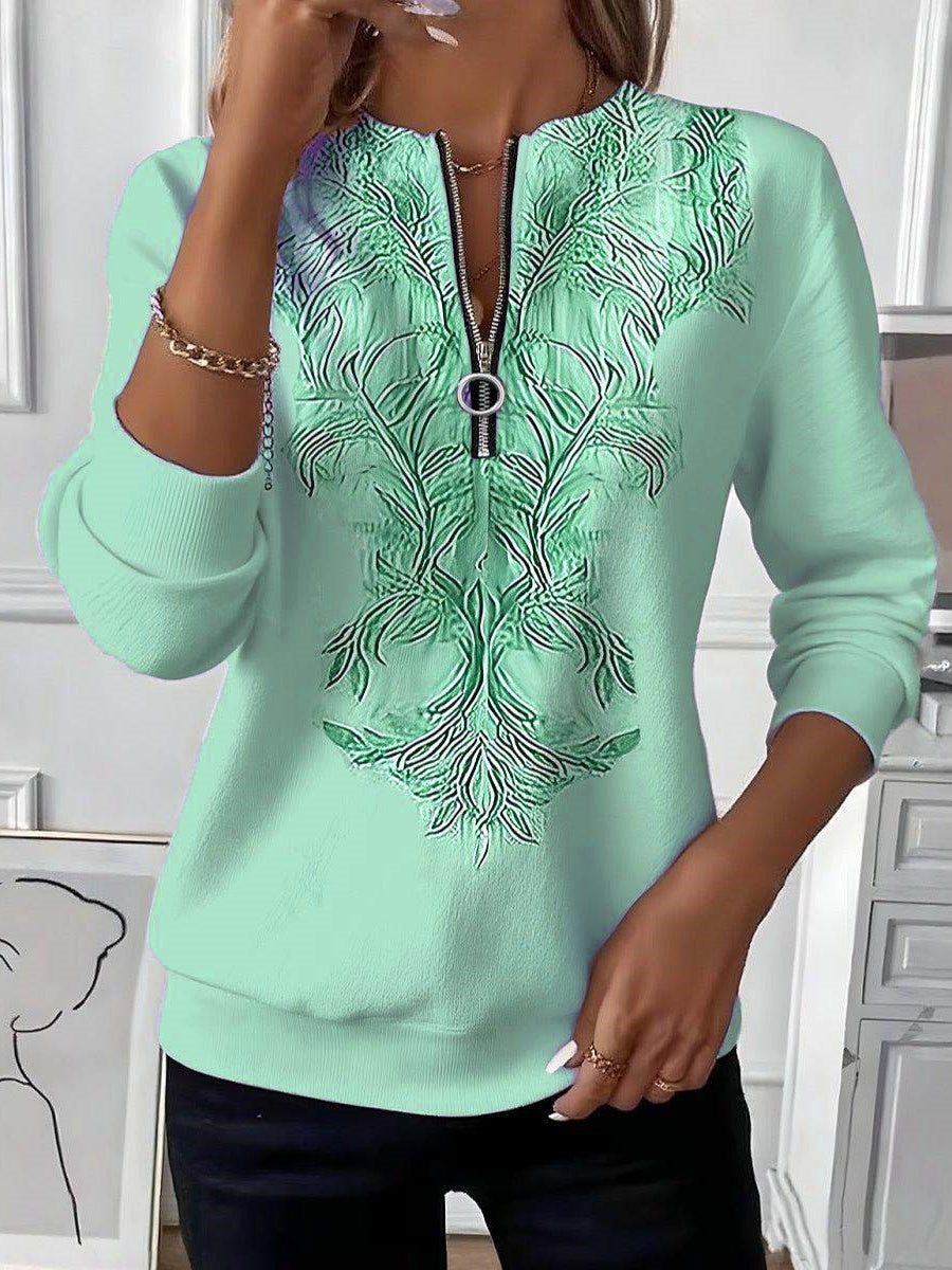 Women Long Sleeve Scoop Neck Floral Printed Graphic Zipper Tops