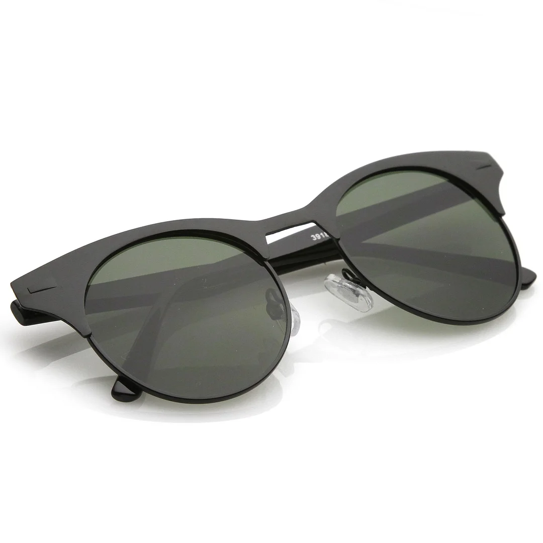 Women's Matte Finish Horn Rimmed Round Flat Lens Cat Eye glasses 49mm