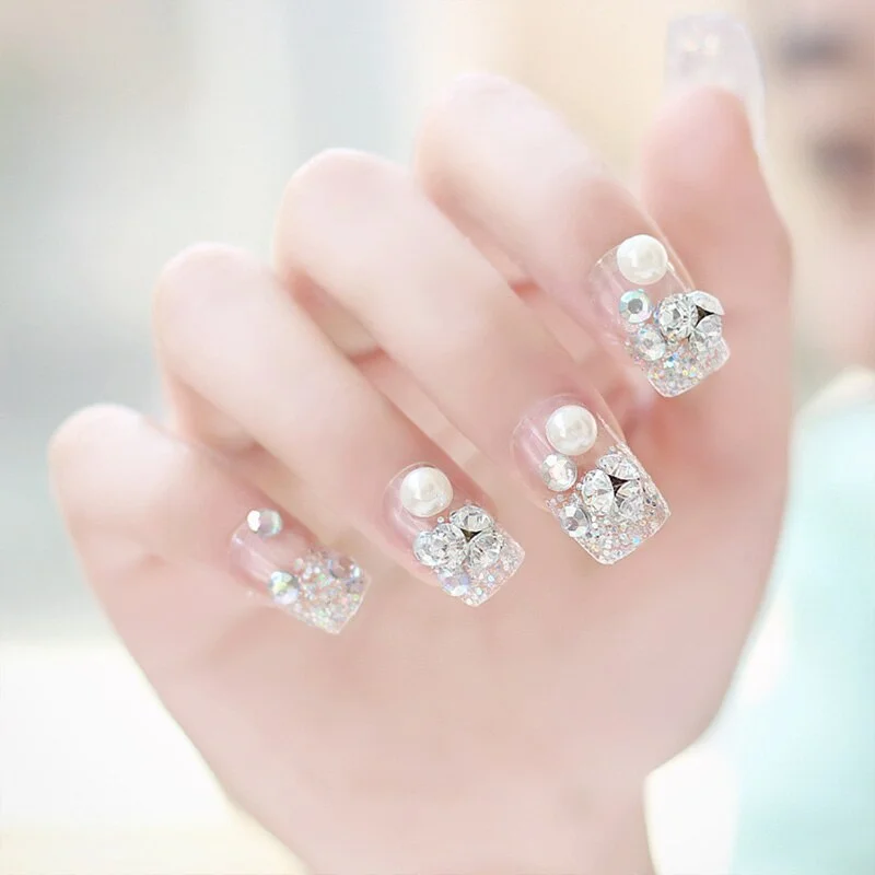 Bride Shining Rhinestone Wedding False Nails Ladies Simple Fashion French Fake Nails White Beige Acrylic Nail Tips With Glue-Nail Inspo